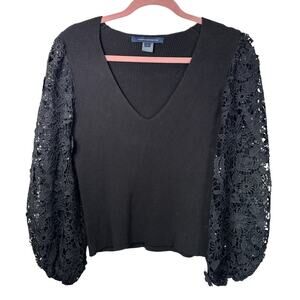 French Connection Black Cotton Lace Floral Puff Sleeve V-Neck Top Women's Large